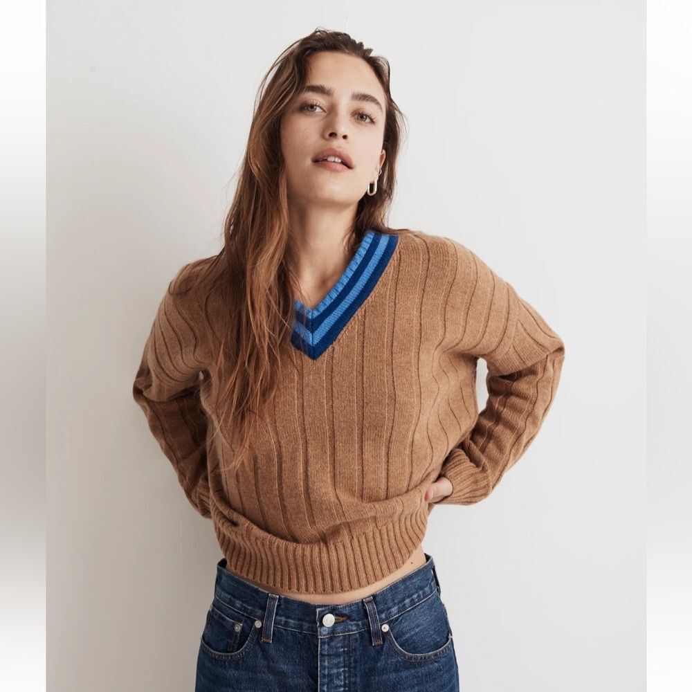 Madewell Tipped V-Neck Oversized Sweater in Tan and Blue Small